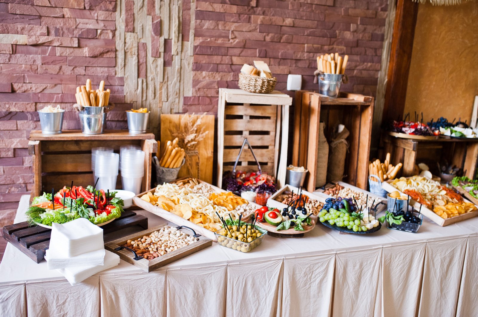 Wedding buffet spread with a variety of catered dishes