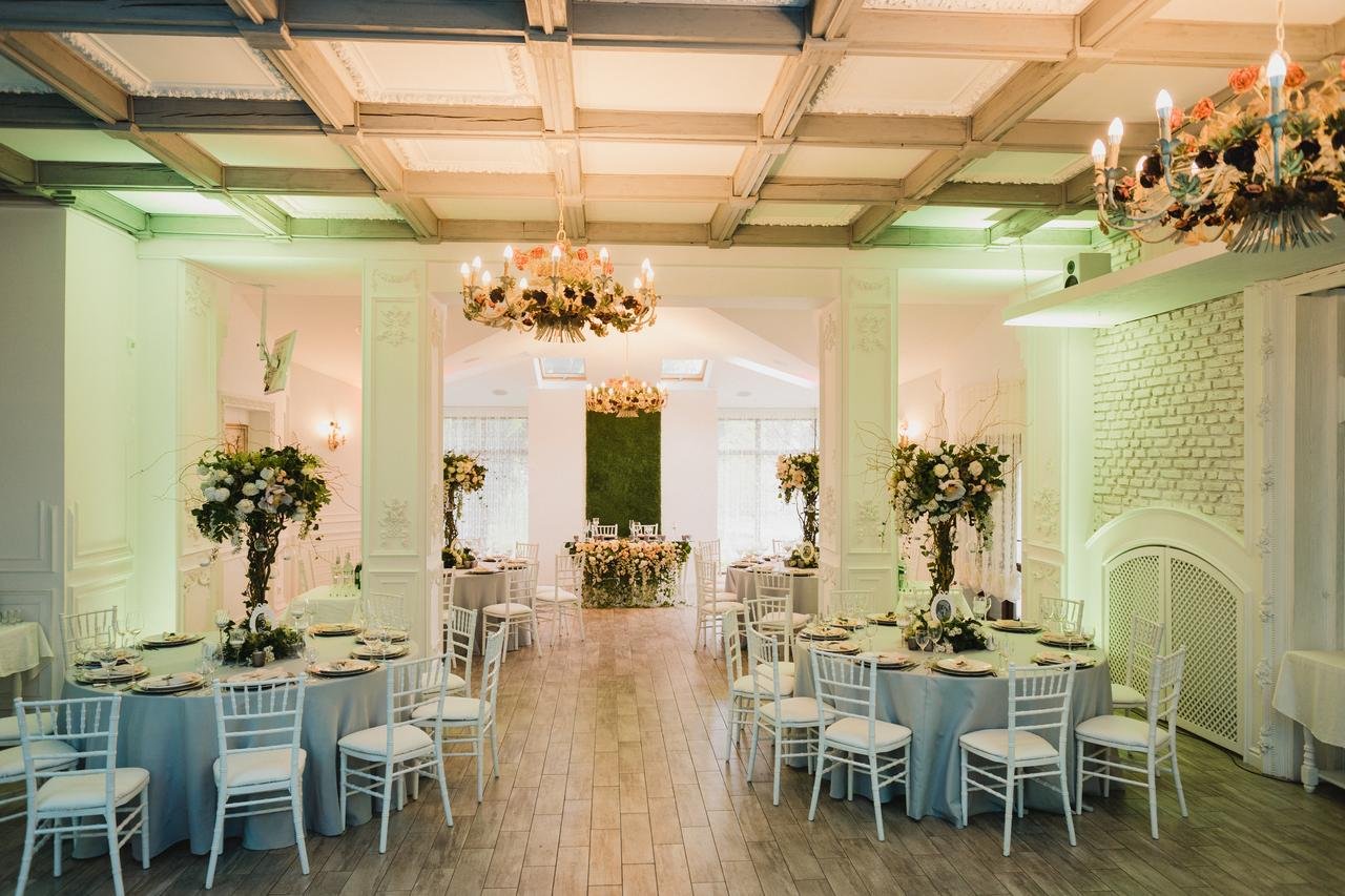 Elegant Duluth wedding reception hall with chandeliers and floral centerpieces